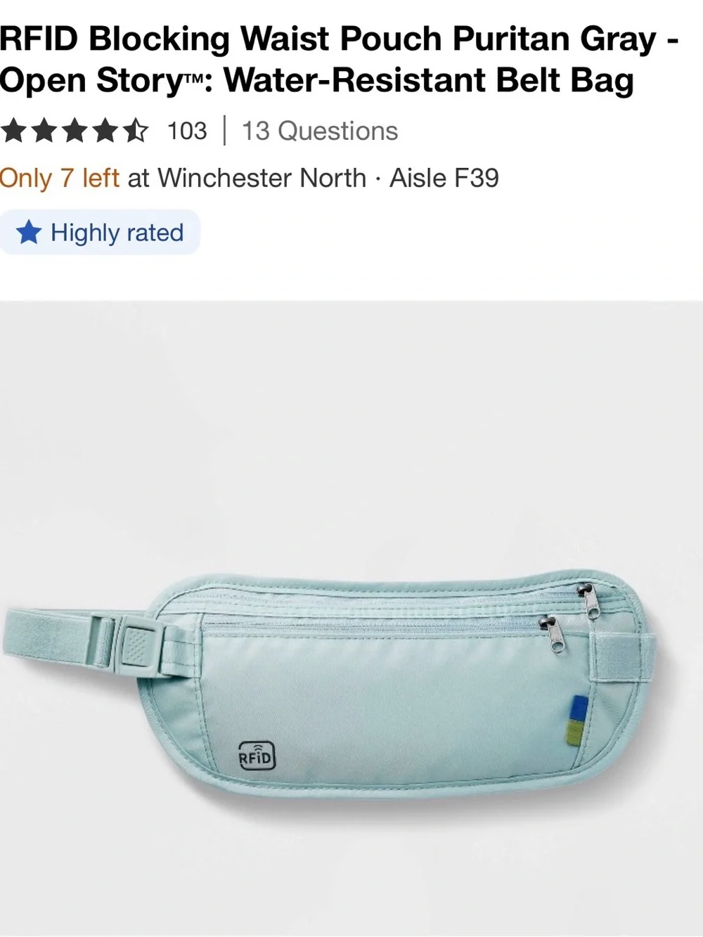NWOT RFID Blocking Waist Pouch in Sage green blue